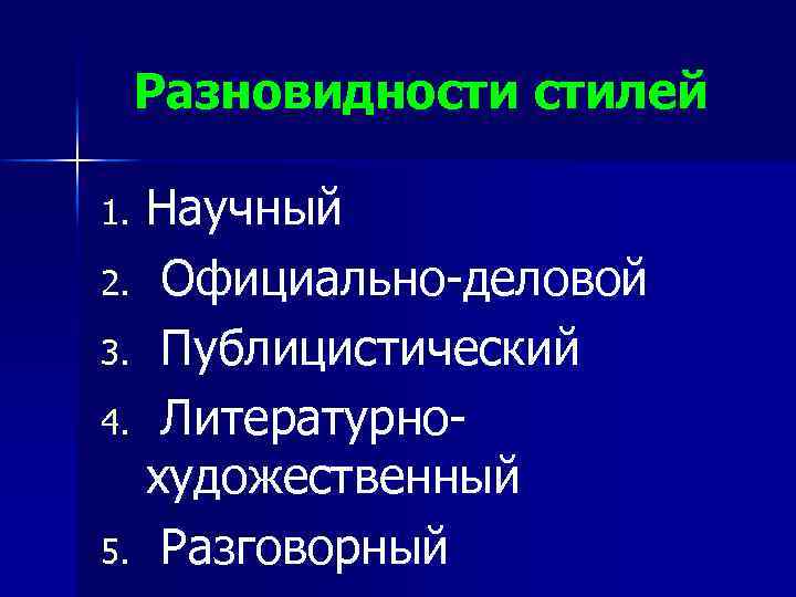 Разновидности стилей Научный 2. Официально-деловой 3. Публицистический 4. Литературнохудожественный 5. Разговорный 1. 