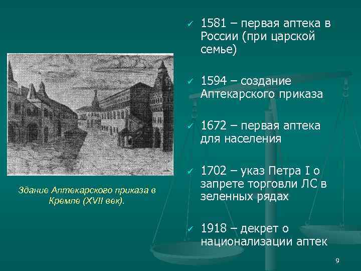 ü ü Здание Аптекарского приказа в Кремле (XVII век). ü 1581 – первая аптека