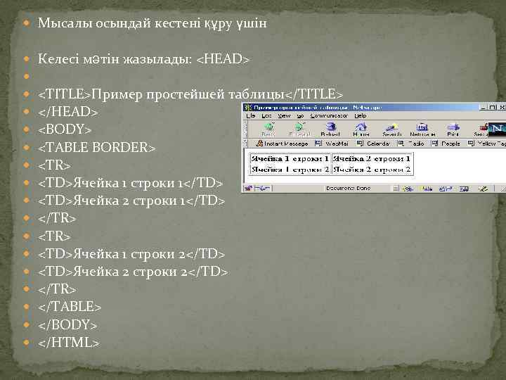  Мысалы осындай кестені құру үшін Келесі мәтін жазылады: <HEAD> <TITLE>Пример простейшей таблицы</TITLE> </HEAD>