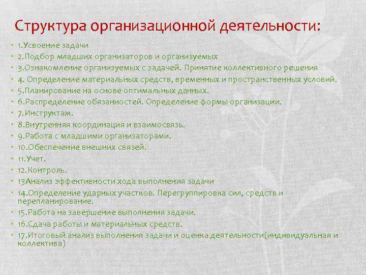 Структура организационной деятельности: 1. Усвоение задачи 2. Подбор младших организаторов и организуемых 3. Ознакомление