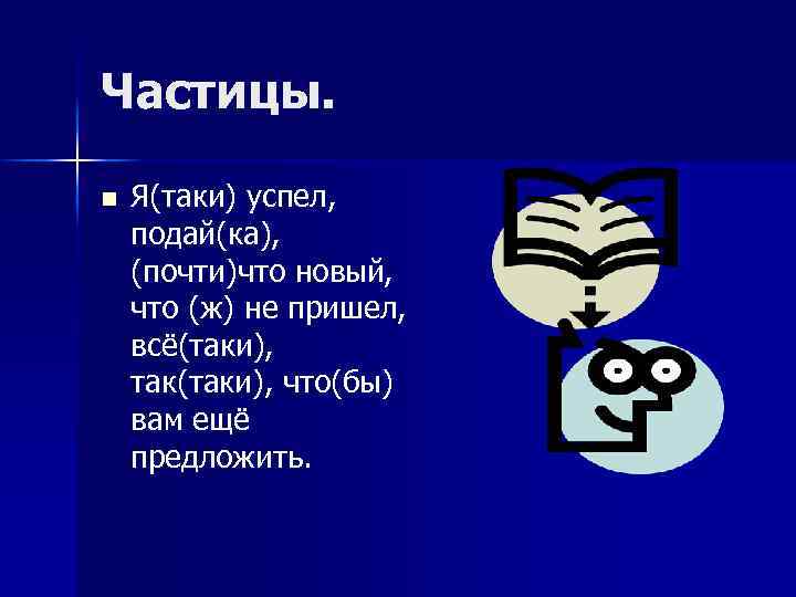 Частицы. n Я(таки) успел, подай(ка), (почти)что новый, что (ж) не пришел, всё(таки), так(таки), что(бы)