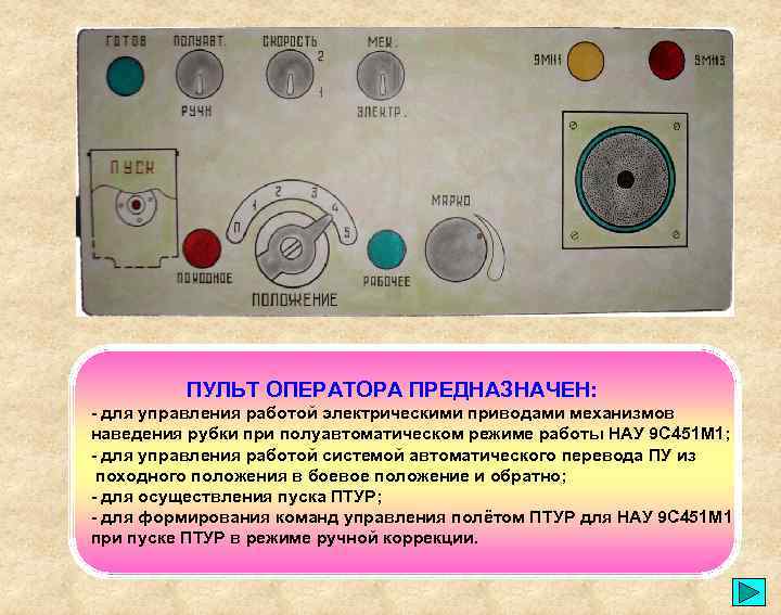 ПУЛЬТ ОПЕРАТОРА ПРЕДНАЗНАЧЕН: - для управления работой электрическими приводами механизмов наведения рубки при полуавтоматическом