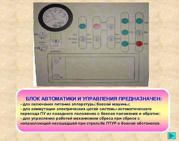 БЛОК АВТОМАТИКИ И УПРАВЛЕНИЯ ПРЕДНАЗНАЧЕН: - для включения питания аппаратуры боевой машины; - для