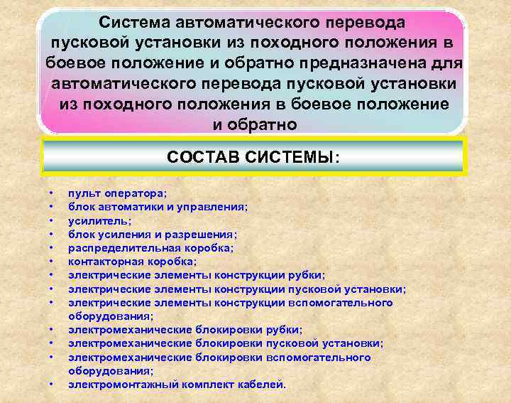 Система автоматического перевода пусковой установки из походного положения в боевое положение и обратно предназначена