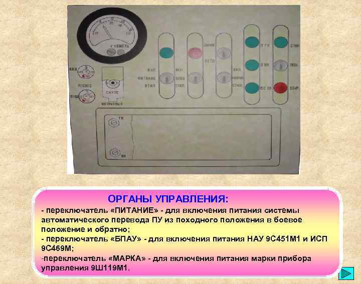 ОРГАНЫ УПРАВЛЕНИЯ: - переключатель «ПИТАНИЕ» - для включения питания системы автоматического перевода ПУ из