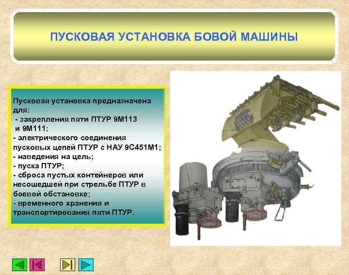 ПУСКОВАЯ УСТАНОВКА БОВОЙ МАШИНЫ Пусковая установка предназначена для: - закрепления пяти ПТУР 9 М