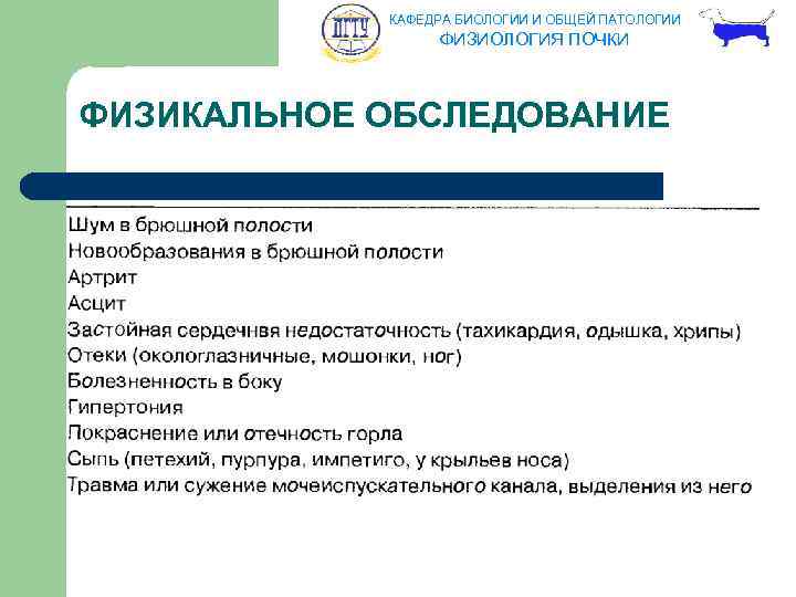 КАФЕДРА БИОЛОГИИ И ОБЩЕЙ ПАТОЛОГИИ ФИЗИОЛОГИЯ ПОЧКИ ФИЗИКАЛЬНОЕ ОБСЛЕДОВАНИЕ 