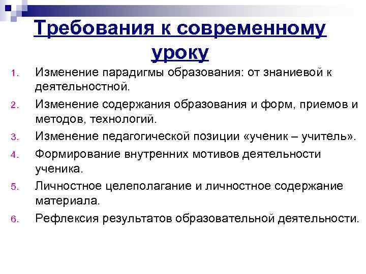 Требования к современному уроку 1. 2. 3. 4. 5. 6. Изменение парадигмы образования: от