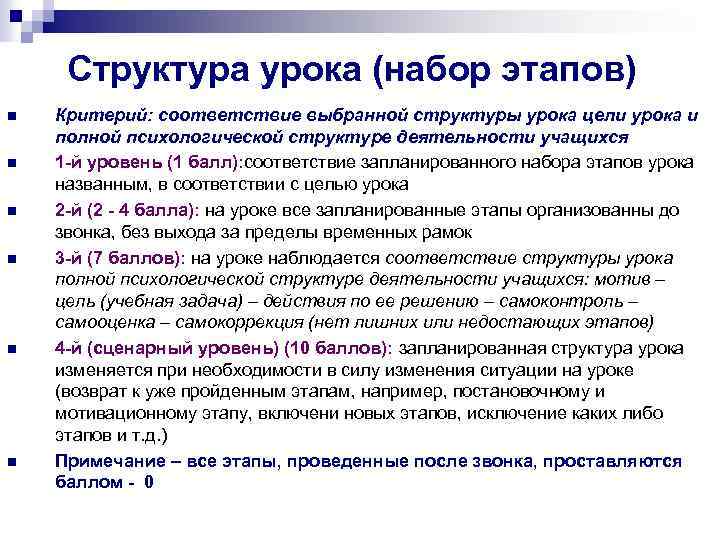Структура урока (набор этапов) n n n Критерий: соответствие выбранной структуры урока цели урока