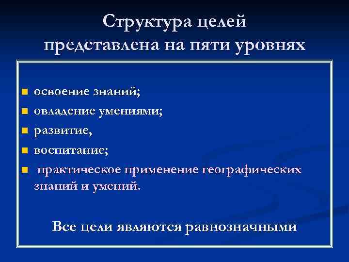 Структура целей представлена на пяти уровнях n n n освоение знаний; овладение умениями; развитие,