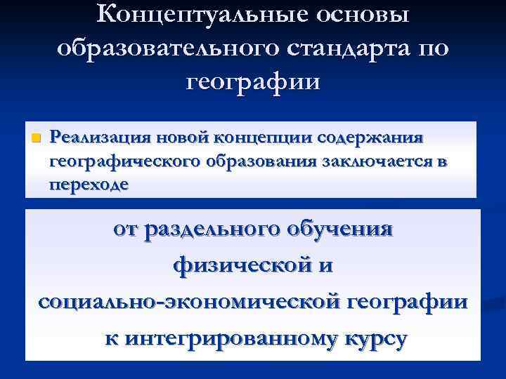 Концептуальные основы образования. Концепция преподавания географии в школе. Стандарт по географии. Концепция развития географического образования в РФ И специфика. 10) Какой принцип лежит в основе географического образования?.