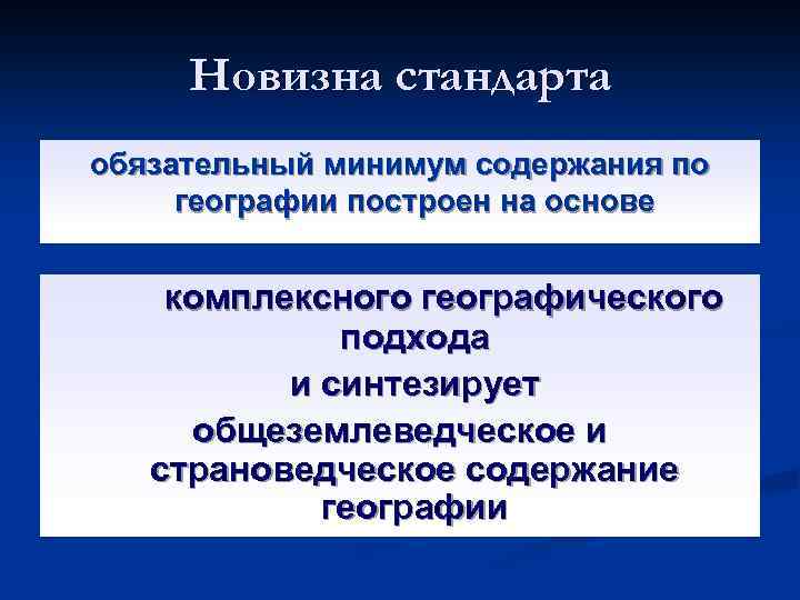 Новизна стандарта обязательный минимум содержания по географии построен на основе комплексного географического подхода и