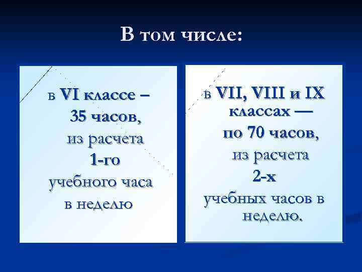 В том числе: в VI классе – 35 часов, из расчета 1 -го учебного
