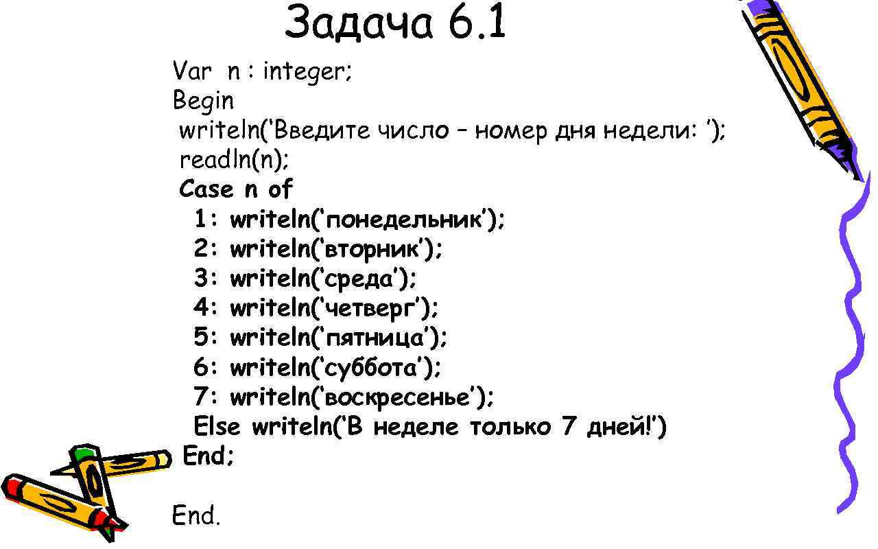 Задача 6. 1 Var n : integer; Begin writeln(‘Введите число – номер дня недели: