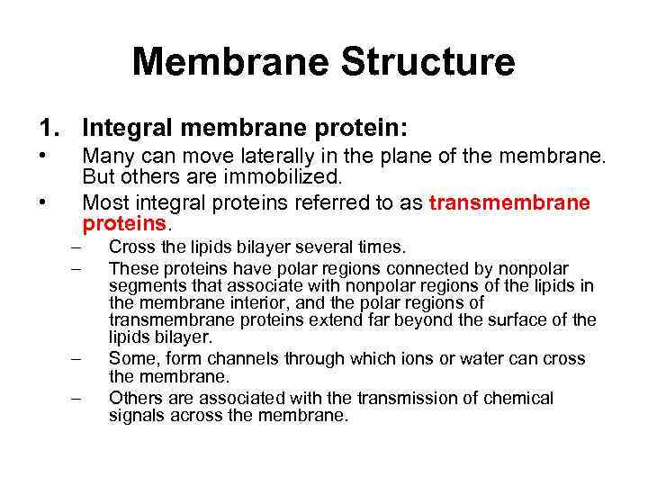 Membrane Structure 1. Integral membrane protein: • Many can move laterally in the plane