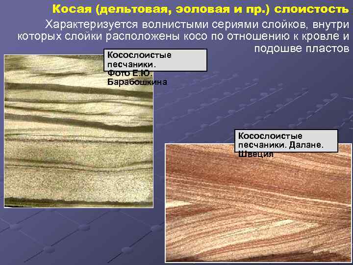 Косая (дельтовая, эоловая и пр. ) слоистость Характеризуется волнистыми сериями слойков, внутри которых слойки