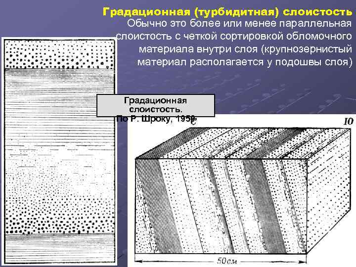 Градационная (турбидитная) слоистость Обычно это более или менее параллельная слоистость с четкой сортировкой обломочного