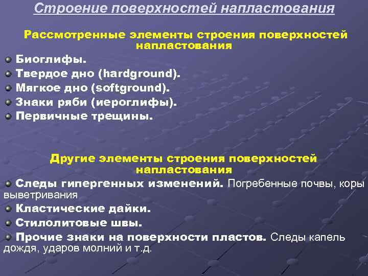 Строение поверхностей напластования Рассмотренные элементы строения поверхностей напластования Биоглифы. Твердое дно (hardground). Мягкое дно