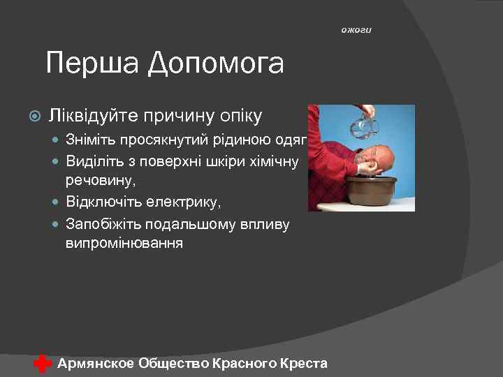 ожоги Перша Допомога Ліквідуйте причину опіку Зніміть просякнутий рідиною одяг Виділіть з поверхні шкіри