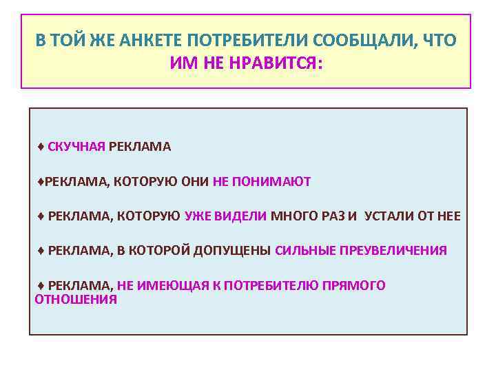 В ТОЙ ЖЕ АНКЕТЕ ПОТРЕБИТЕЛИ СООБЩАЛИ, ЧТО ИМ НЕ НРАВИТСЯ: ♦ СКУЧНАЯ РЕКЛАМА ♦РЕКЛАМА,