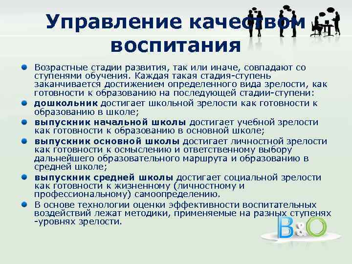 Управление качеством воспитания Возрастные стадии развития, так или иначе, совпадают со ступенями обучения. Каждая