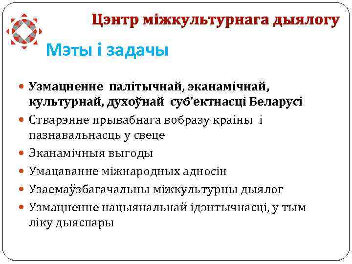 Цэнтр міжкультурнага дыялогу Мэты і задачы Узмацненне палітычнай, эканамічнай, культурнай, духоўнай суб’ектнасці Беларусі Стварэнне