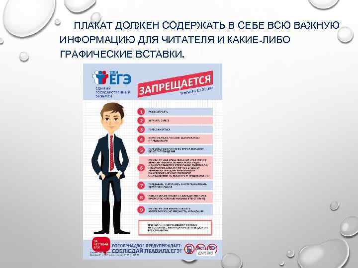 ПЛАКАТ ДОЛЖЕН СОДЕРЖАТЬ В СЕБЕ ВСЮ ВАЖНУЮ ИНФОРМАЦИЮ ДЛЯ ЧИТАТЕЛЯ И КАКИЕ-ЛИБО ГРАФИЧЕСКИЕ ВСТАВКИ.