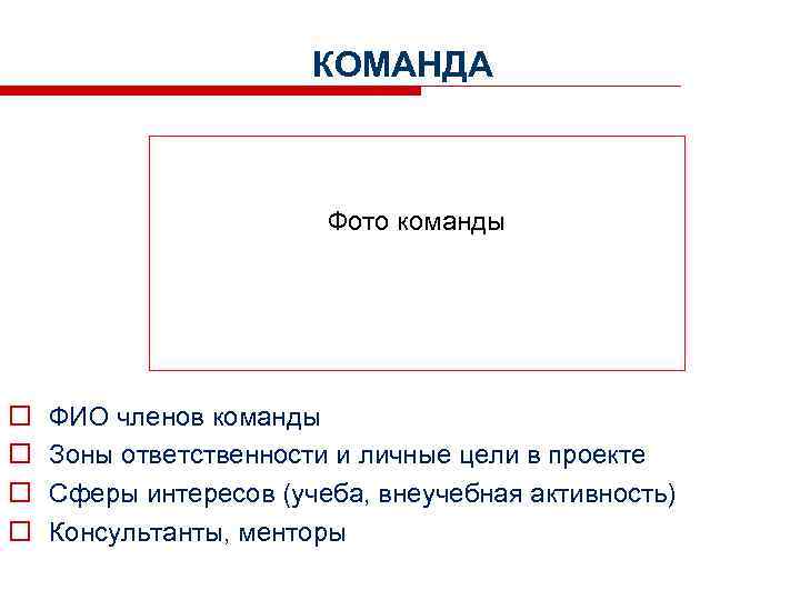 КОМАНДА, 60 сек. КОМАНДА Фото команды o o ФИО членов команды Зоны ответственности и