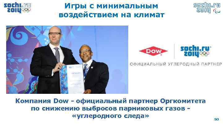 Игры с минимальным воздействием на климат Компания Dow - официальный партнер Оргкомитета по снижению