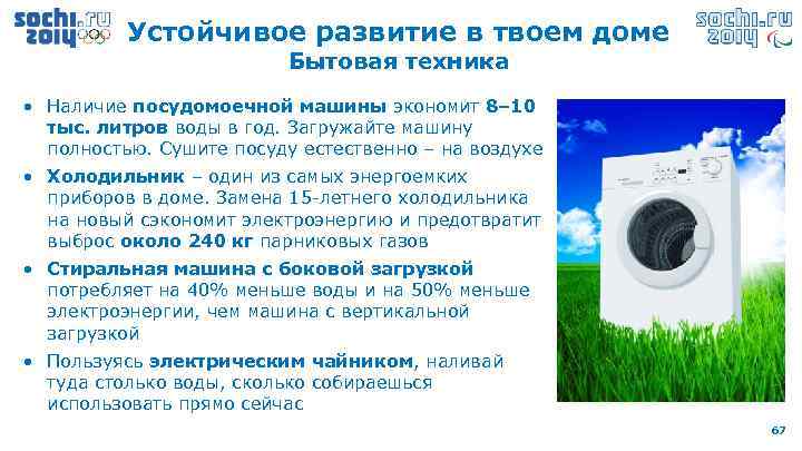 Устойчивое развитие в твоем доме Бытовая техника • Наличие посудомоечной машины экономит 8– 10