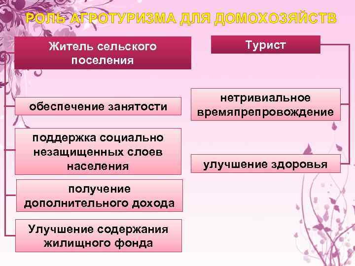 РОЛЬ АГРОТУРИЗМА ДЛЯ ДОМОХОЗЯЙСТВ Житель сельского поселения Турист обеспечение занятости нетривиальное времяпрепровождение поддержка социально