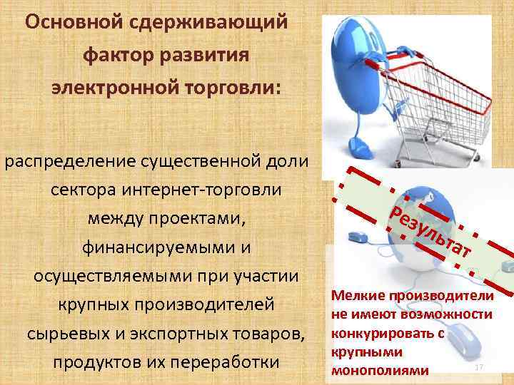 Основной сдерживающий фактор развития электронной торговли: распределение существенной доли сектора интернет-торговли между проектами, финансируемыми