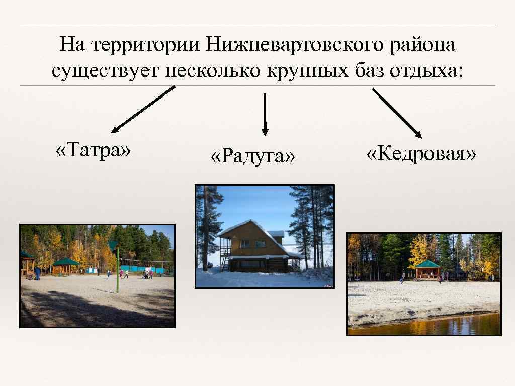 На территории Нижневартовского района существует несколько крупных баз отдыха: «Татра» «Радуга» «Кедровая» 