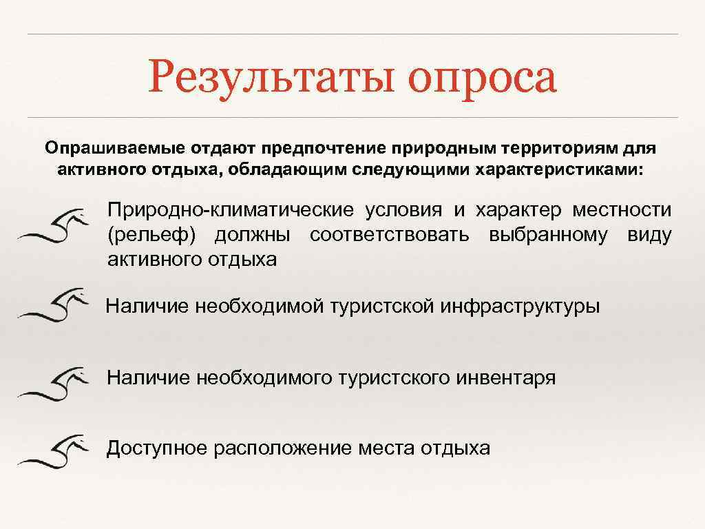 Результаты опроса Опрашиваемые отдают предпочтение природным территориям для активного отдыха, обладающим следующими характеристиками: Природно-климатические