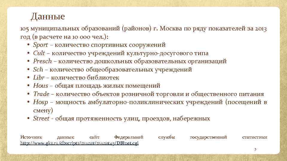 Данные 105 муниципальных образований (районов) г. Москва по ряду показателей за 2013 год (в