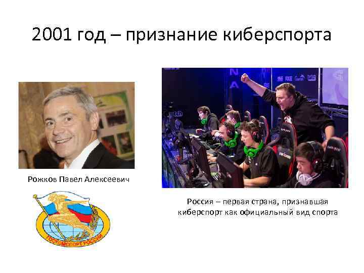 2001 год – признание киберспорта Рожков Павел Алексеевич Россия – первая страна, признавшая киберспорт