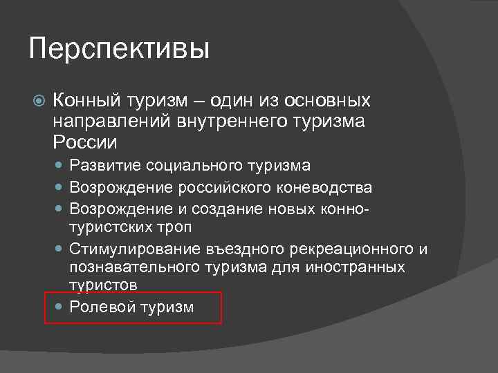 Перспективы Конный туризм – один из основных направлений внутреннего туризма России Развитие социального туризма