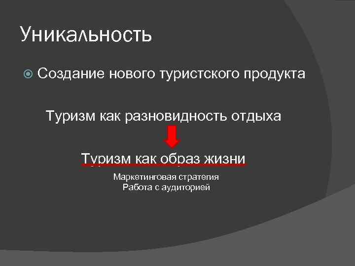 Уникальность Создание нового туристского продукта Туризм как разновидность отдыха Туризм как образ жизни Маркетинговая