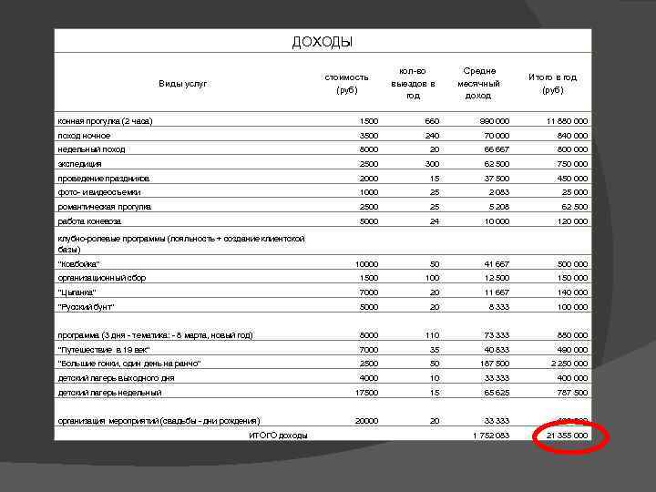 ДОХОДЫ кол-во выездов в год стоимость (руб) Виды услуг Средне месячный доход Итого в