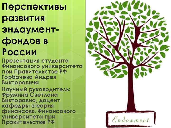 Перспективы развития эндаументфондов в России Презентация студента Финансового университета при Правительстве РФ Горбачева Андрея