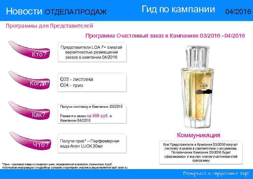Новости ОТДЕЛА ПРОДАЖ Гид по кампании 14/2015 04/2016 Программы для Представителей Программа Счастливый заказ