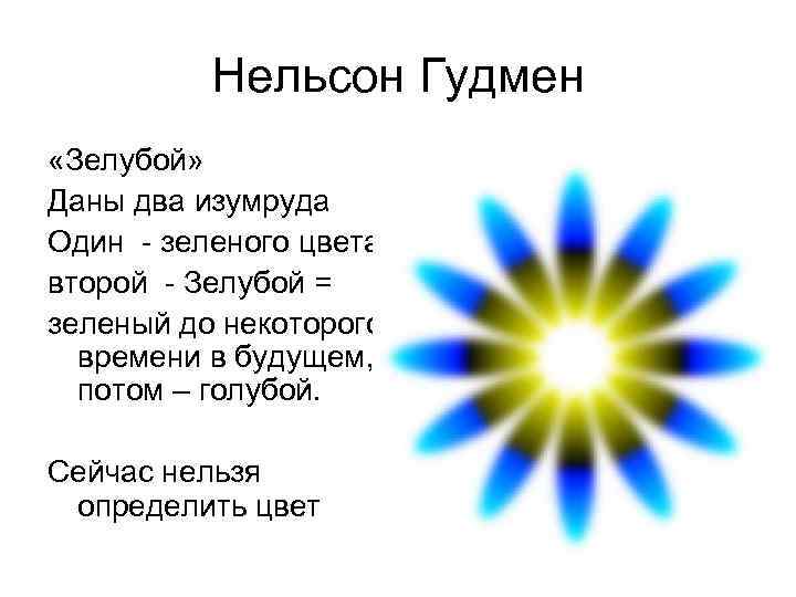 Нельсон Гудмен «Зелубой» Даны два изумруда Один - зеленого цвета, второй - Зелубой =