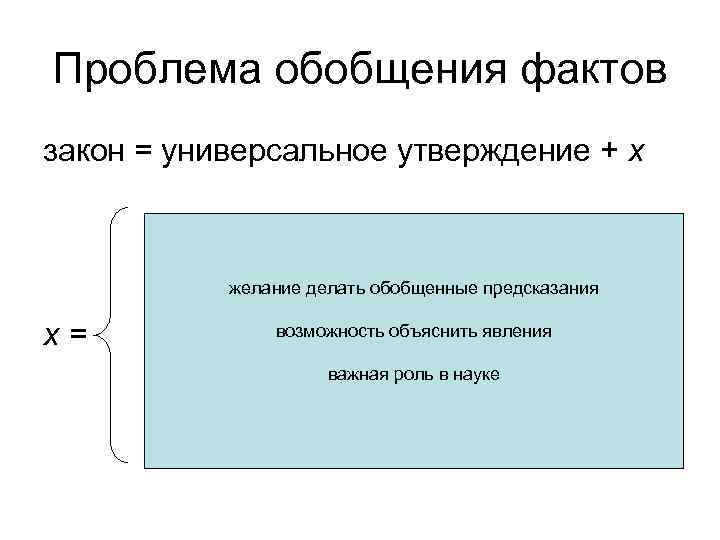 Проблема обобщения фактов закон = универсальное утверждение + х желание делать обобщенные предсказания х=