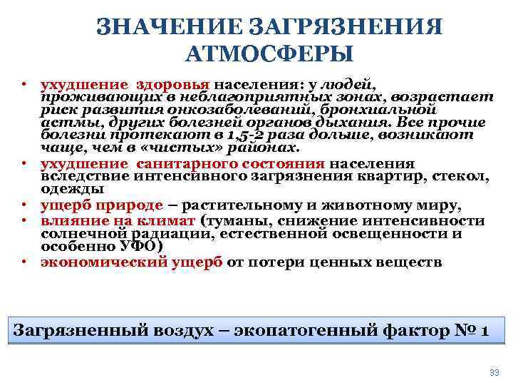 ЗНАЧЕНИЕ ЗАГРЯЗНЕНИЯ АТМОСФЕРЫ • ухудшение здоровья населения: у людей, проживающих в неблагоприятных зонах, возрастает