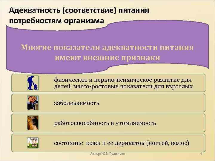 Адекватность (соответствие) питания потребностям организма Многие показатели адекватности питания имеют внешние признаки физическое и