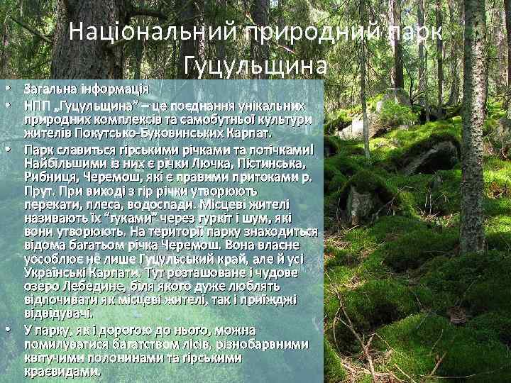 Національний природний парк Гуцульщина • Загальна інформація • НПП „Гуцульщина” – це поєднання унікальних