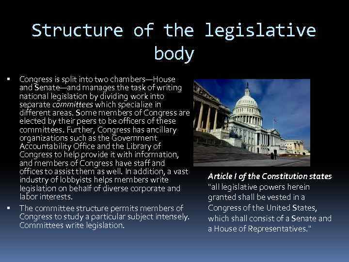 Structure of the legislative body Congress is split into two chambers—House and Senate—and manages
