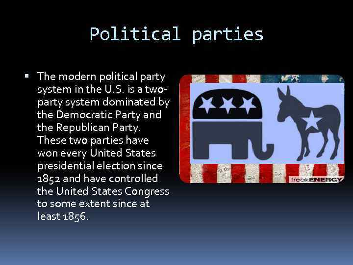 Political parties The modern political party system in the U. S. is a twoparty