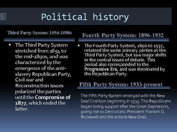 Political history Third Party System: 1854 -1890 s Fourth Party System: 1896 -1932 The