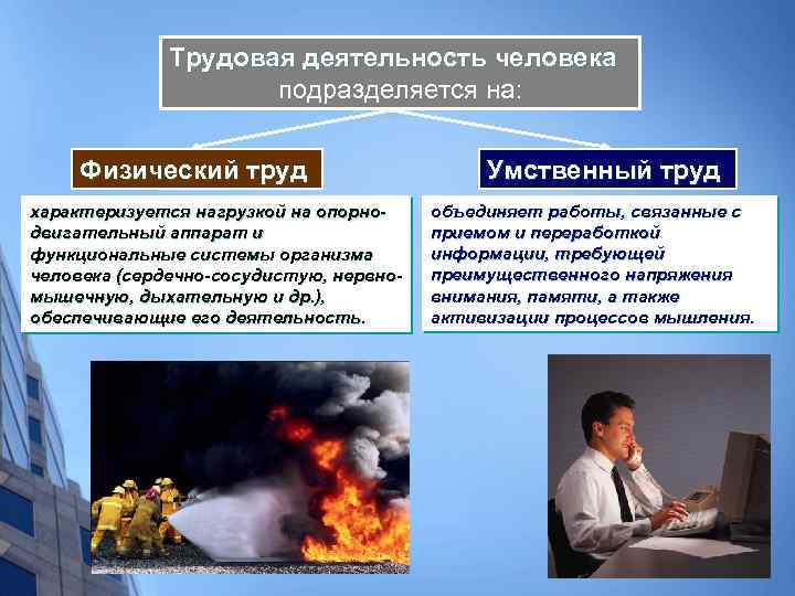 Трудовая деятельность человека подразделяется на: Физический труд характеризуется нагрузкой на опорнодвигательный аппарат и функциональные